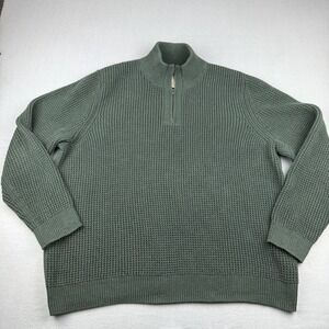 LL Bean Mens Waffle Knit 1/4 Zip Sweater Dark Green Organic Cotton XXL